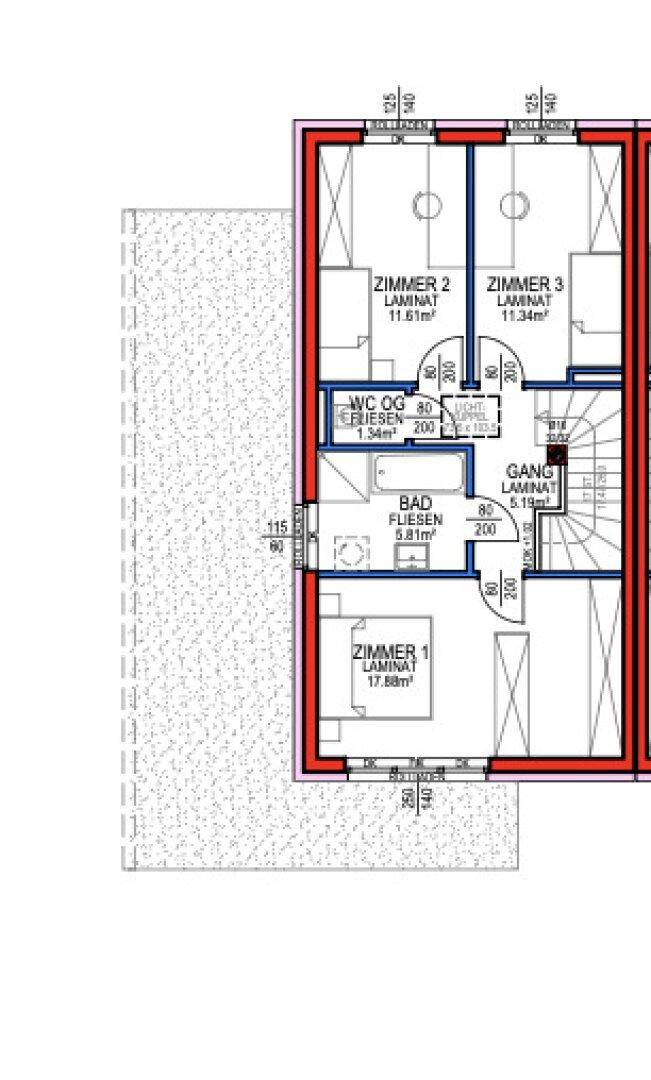 Grundriss des Obergeschosses mit drei Schlafzimmern und Badezimmer.