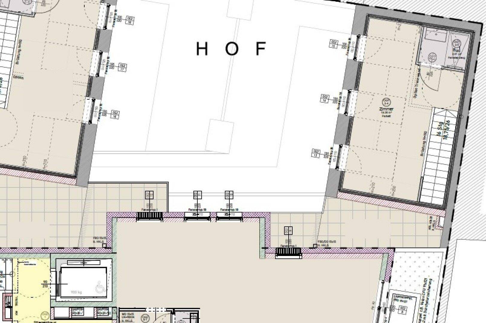 Detaillierter Grundrissplan mit Innenhof und angrenzenden Wohnbereichen.