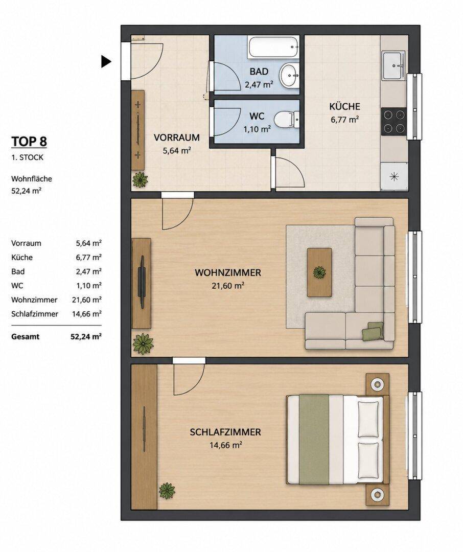 Grundriss der Wohnung mit Wohnzimmer, Schlafzimmer, Küche und Bad.