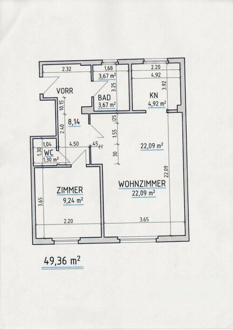 Grundriss der Wohnung mit Zimmern, Bad, WC und Wohnzimmer, Gesamtfläche 49,36 m².