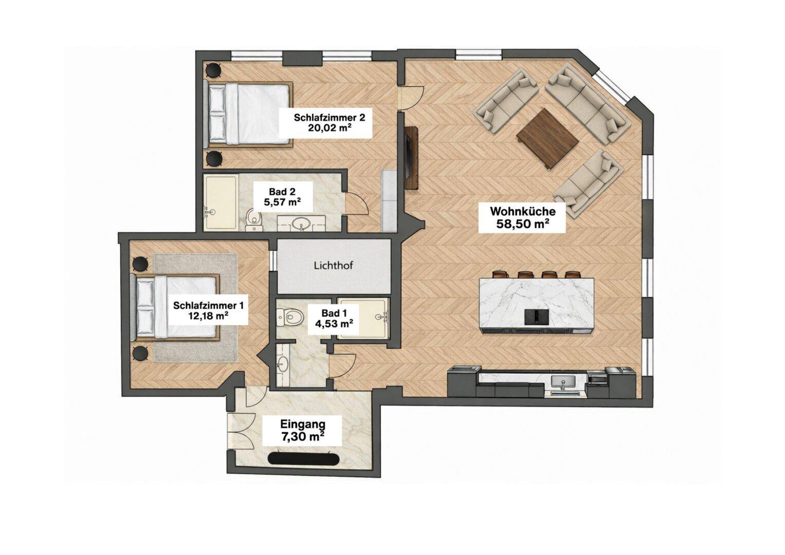 Detaillierter Grundriss einer Wohnung mit zwei Schlafzimmern, zwei Bädern und offener Wohnküche.