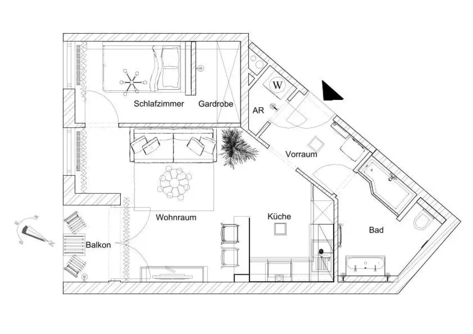 Detaillierter Grundriss einer Wohnung mit Schlafzimmer, Wohnraum, Küche und Balkon.