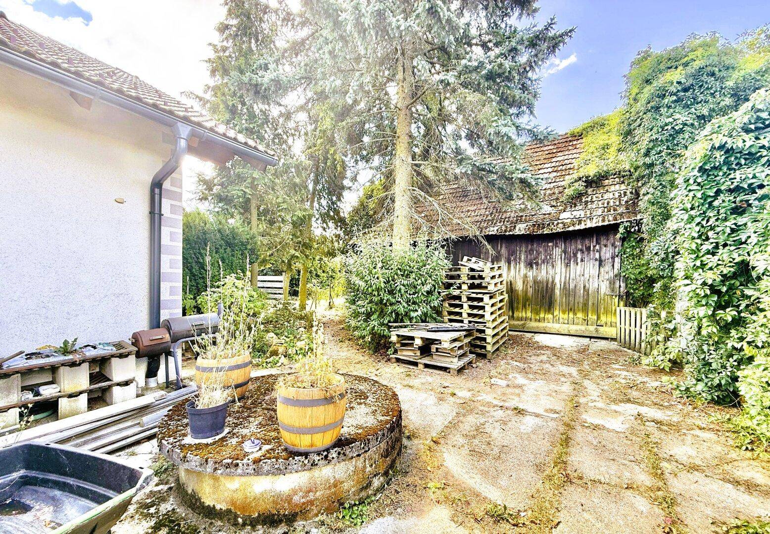 Gartenbereich mit alter Brunnenstruktur, Bäumen und Sträuchern.