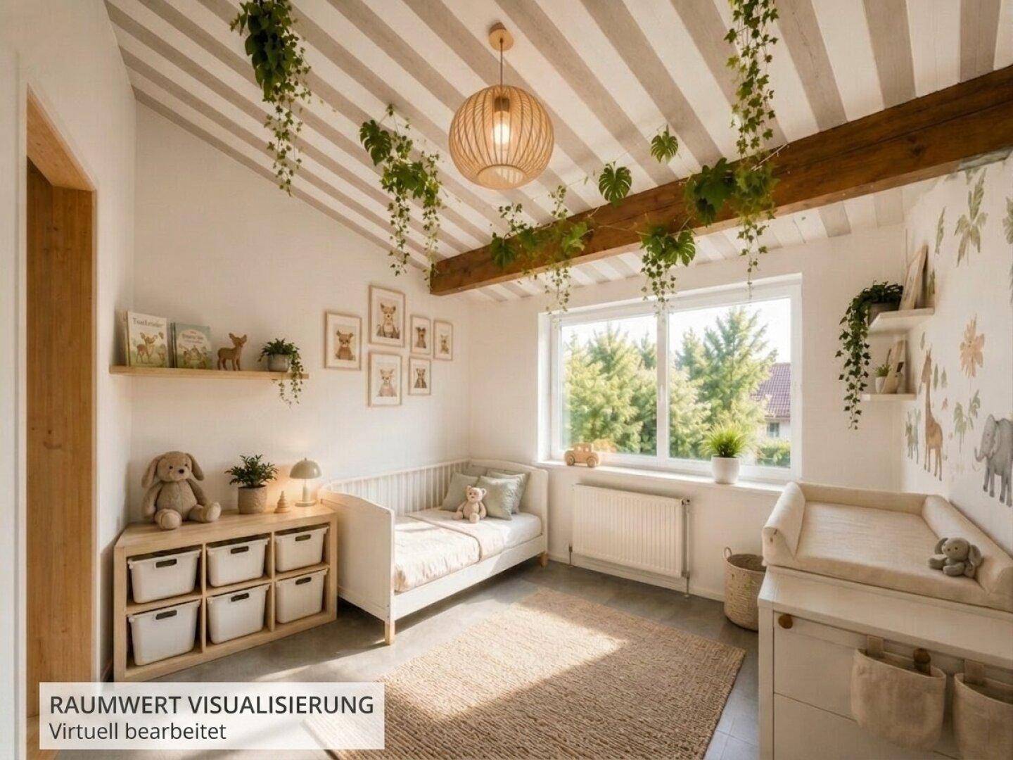 Liebevoll eingerichtetes Kinderzimmer mit Babybett, Wickeltisch und spielerischer Dekoration unter Holzbalken.