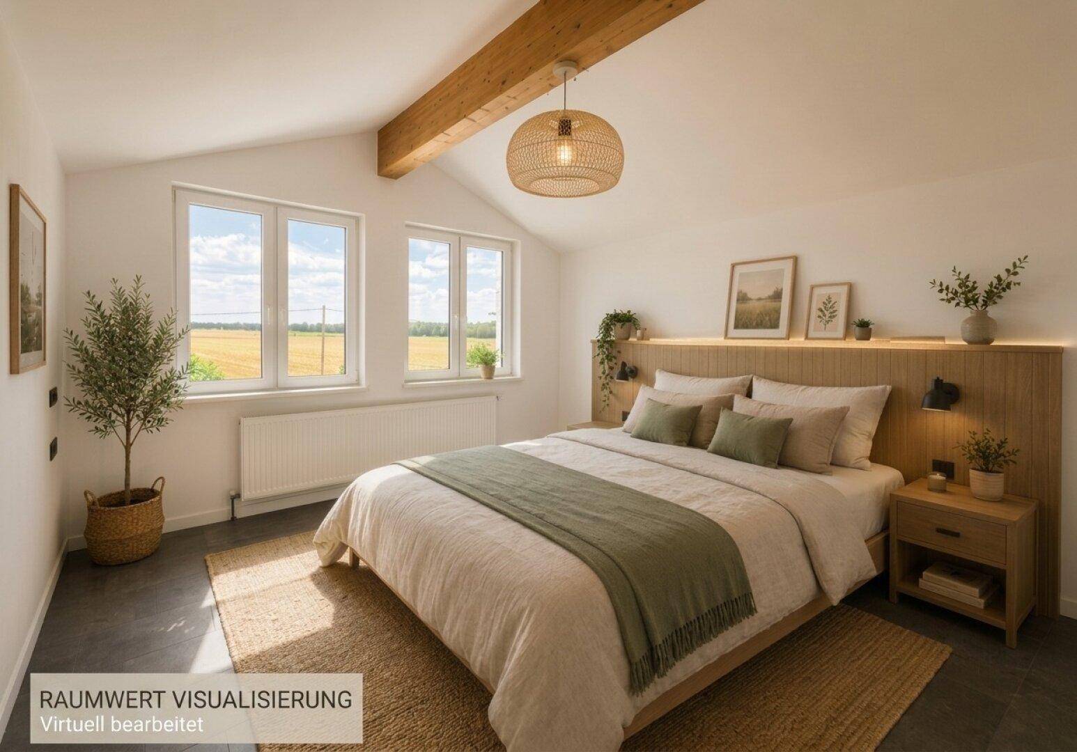 Gemütliches Schlafzimmer mit Doppelbett, Holzbalken und weitem Blick über die Landschaft.