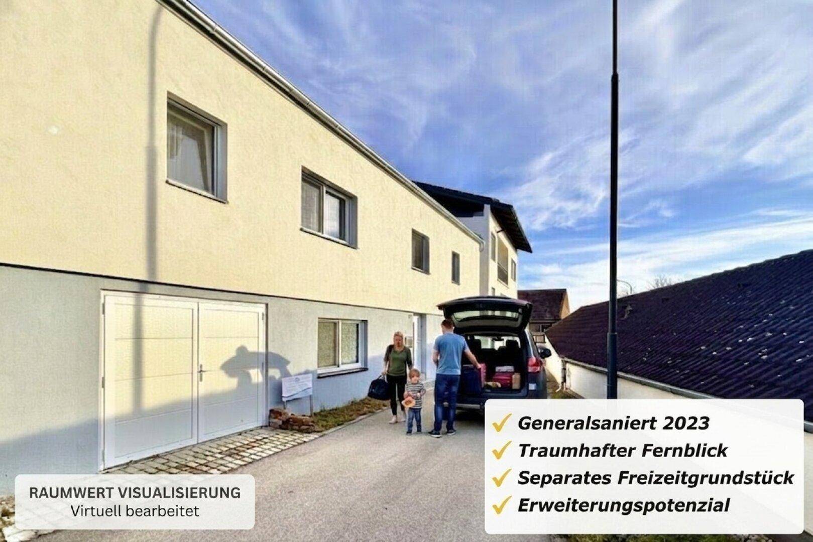 Modernes Gebäude mit heller Fassade und Zufahrt, Familie entlädt Auto.