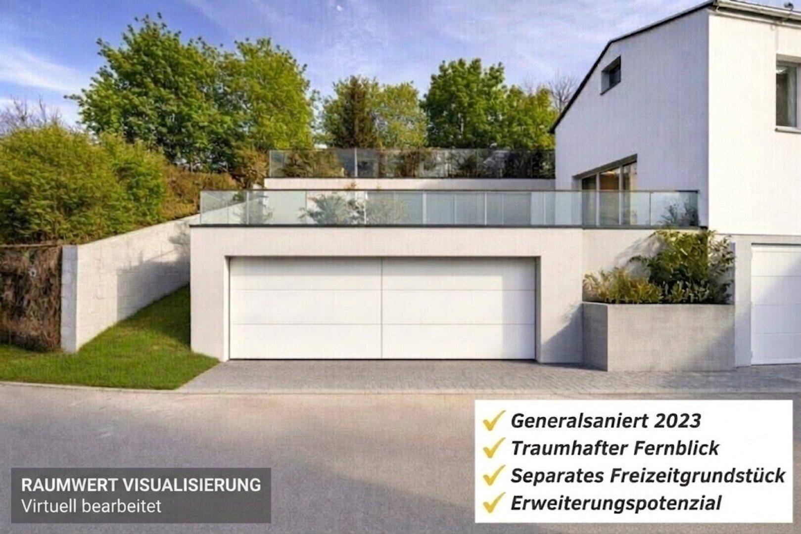 Moderne Doppelgarage mit darüberliegender Terrasse, Glasgeländer und gepflegter Außenanlage.