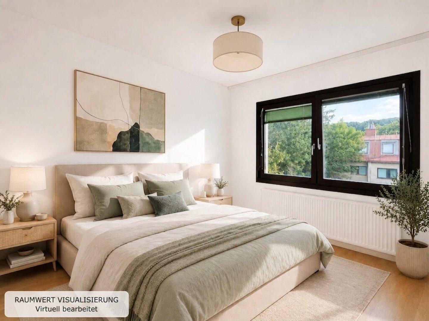 Virtuell eingerichtetes Schlafzimmer mit Doppelbett, Nachttischen und Blick ins Grüne.