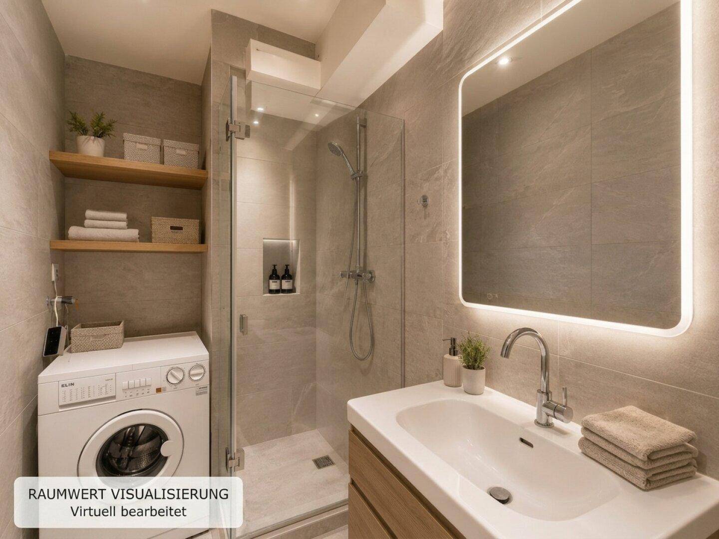 Virtuell inszeniertes modernes Badezimmer mit begehbarer Dusche, Waschbecken und Waschmaschine.