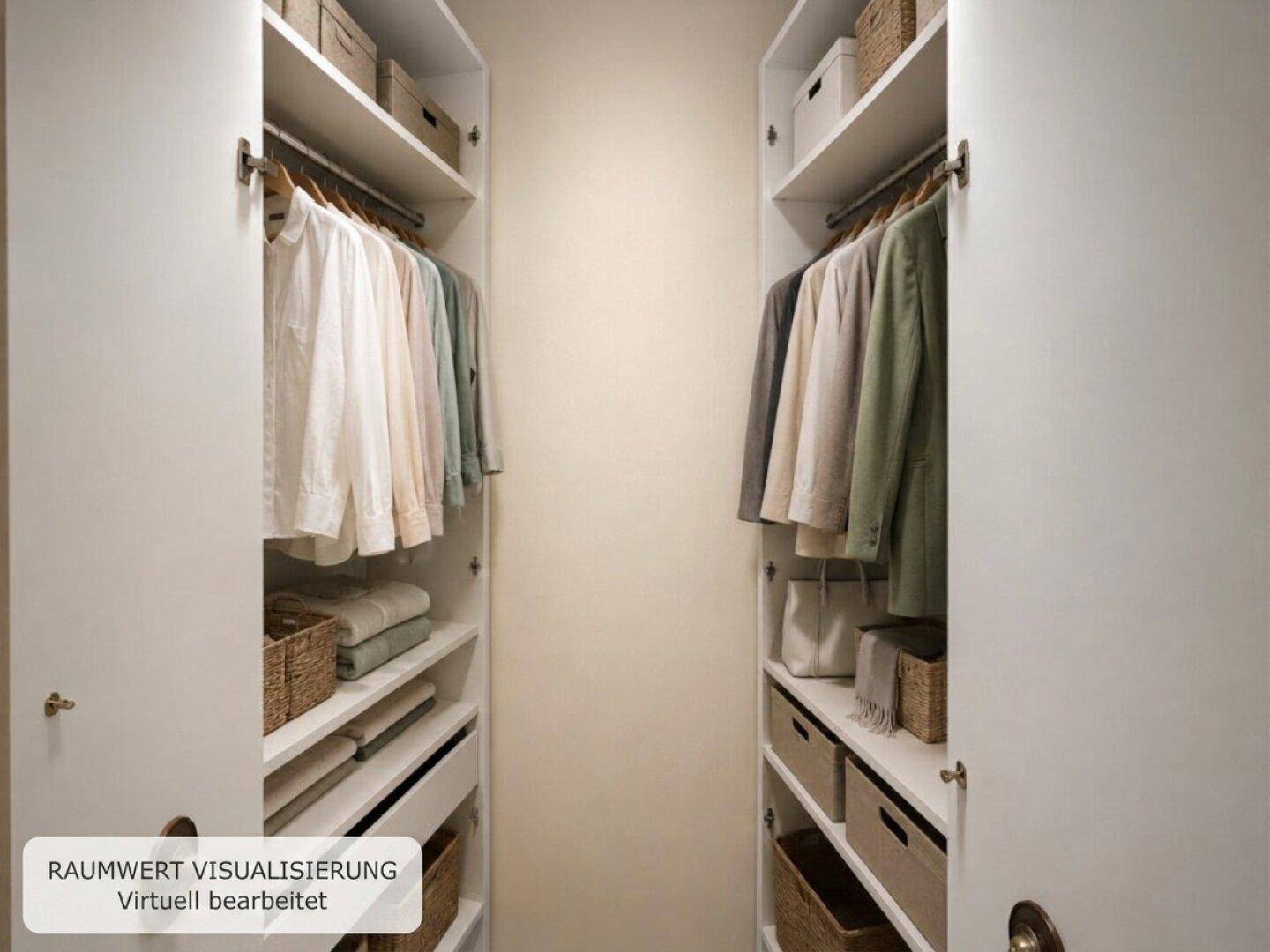 Virtuell gestalteter begehbarer Kleiderschrank mit weißen Regalen und viel Stauraum.