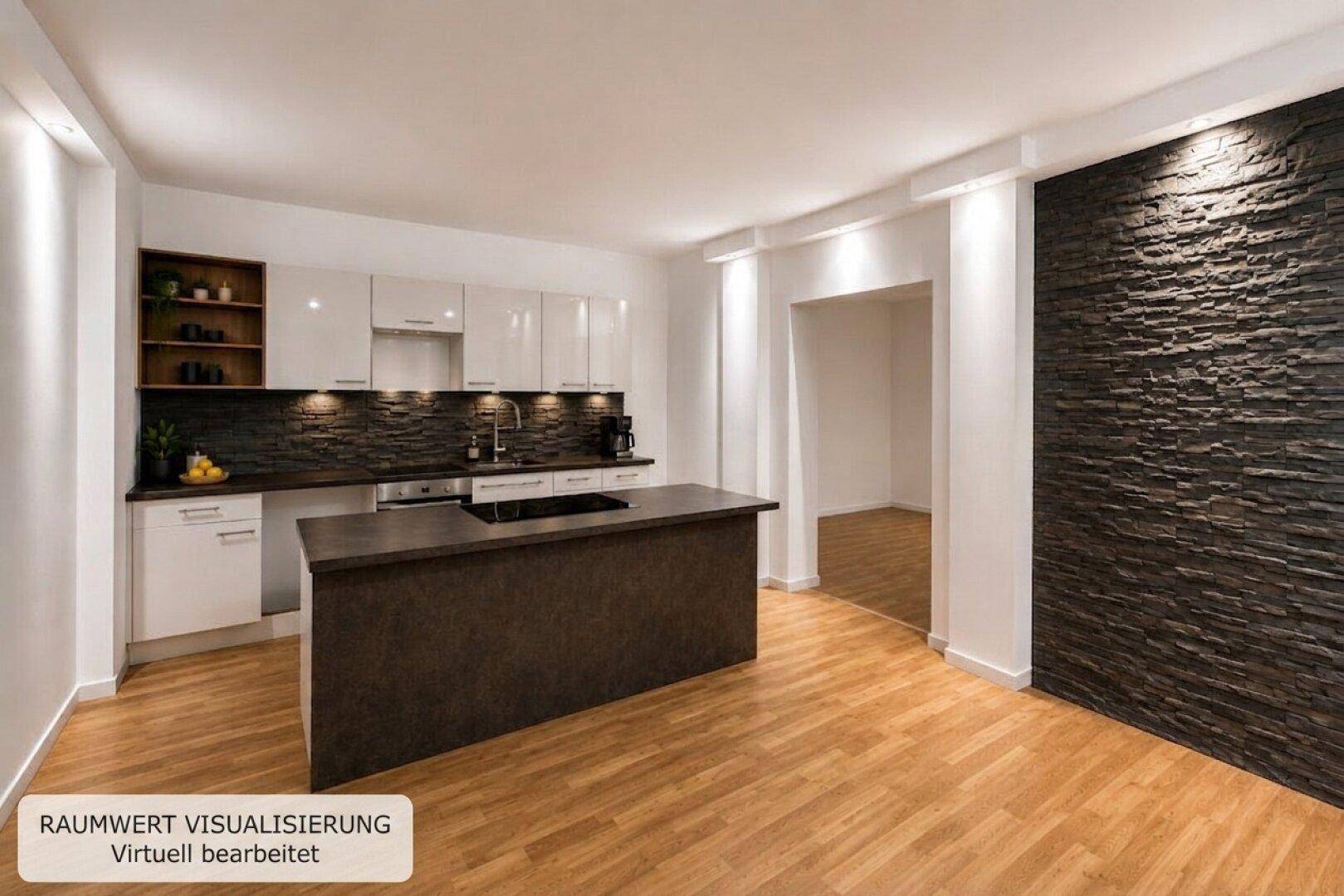 Moderne Küche mit weißglänzenden Schränken, Kücheninsel und einer dunklen Steinwand als Akzent.