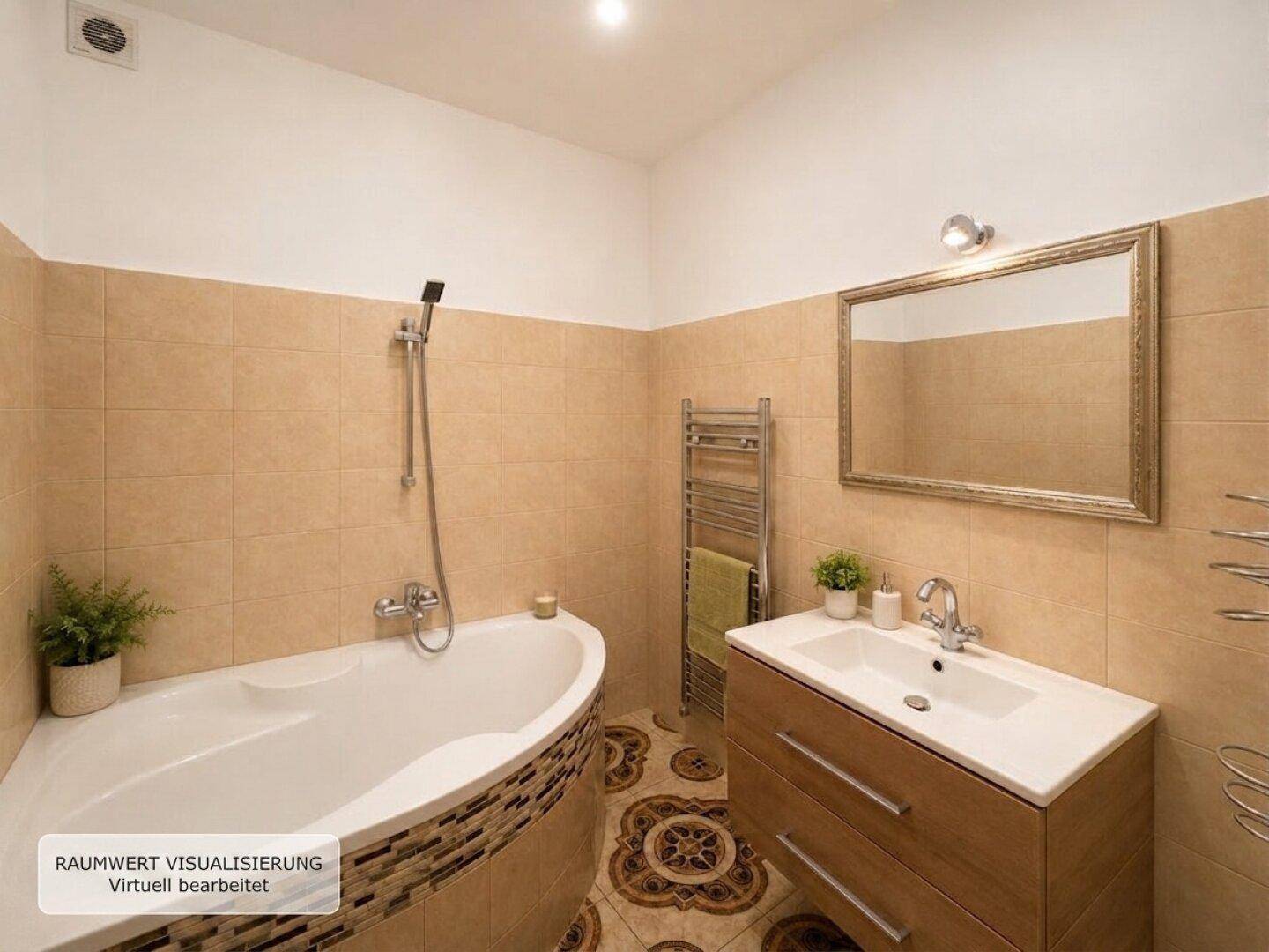 Badezimmer mit Eckbadewanne, Einzelwaschbecken und beigefarbenen Fliesen an Wänden und Boden.