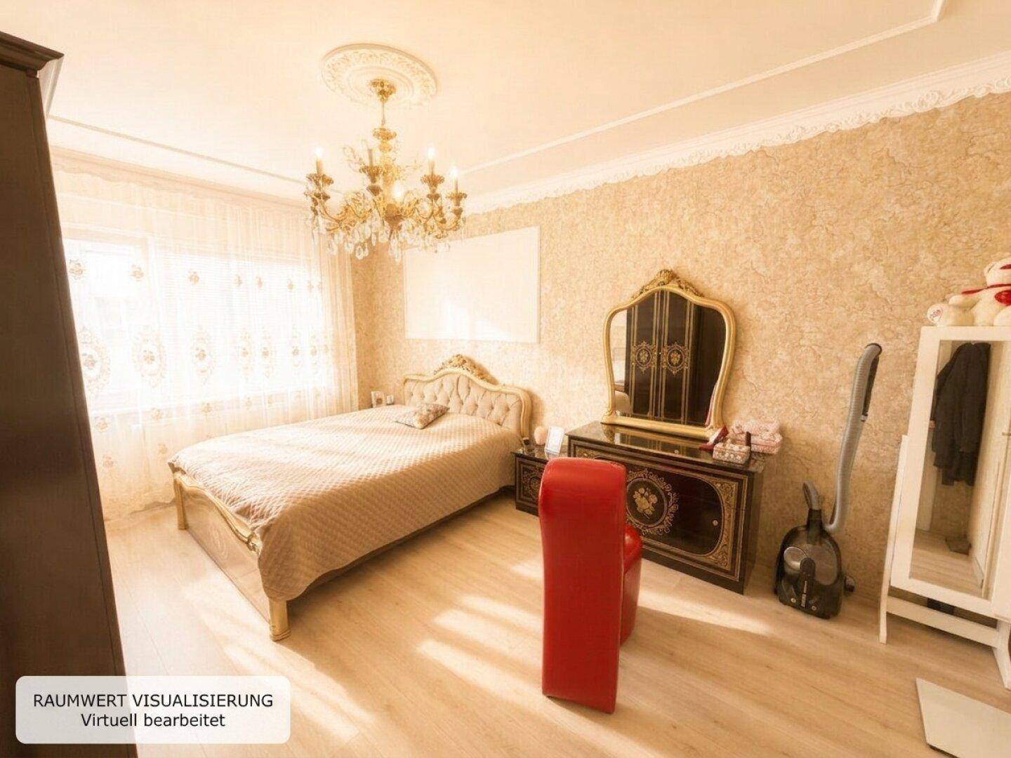 Elegantes Schlafzimmer mit Doppelbett, dunklem Mobiliar und goldenem Kronleuchter.