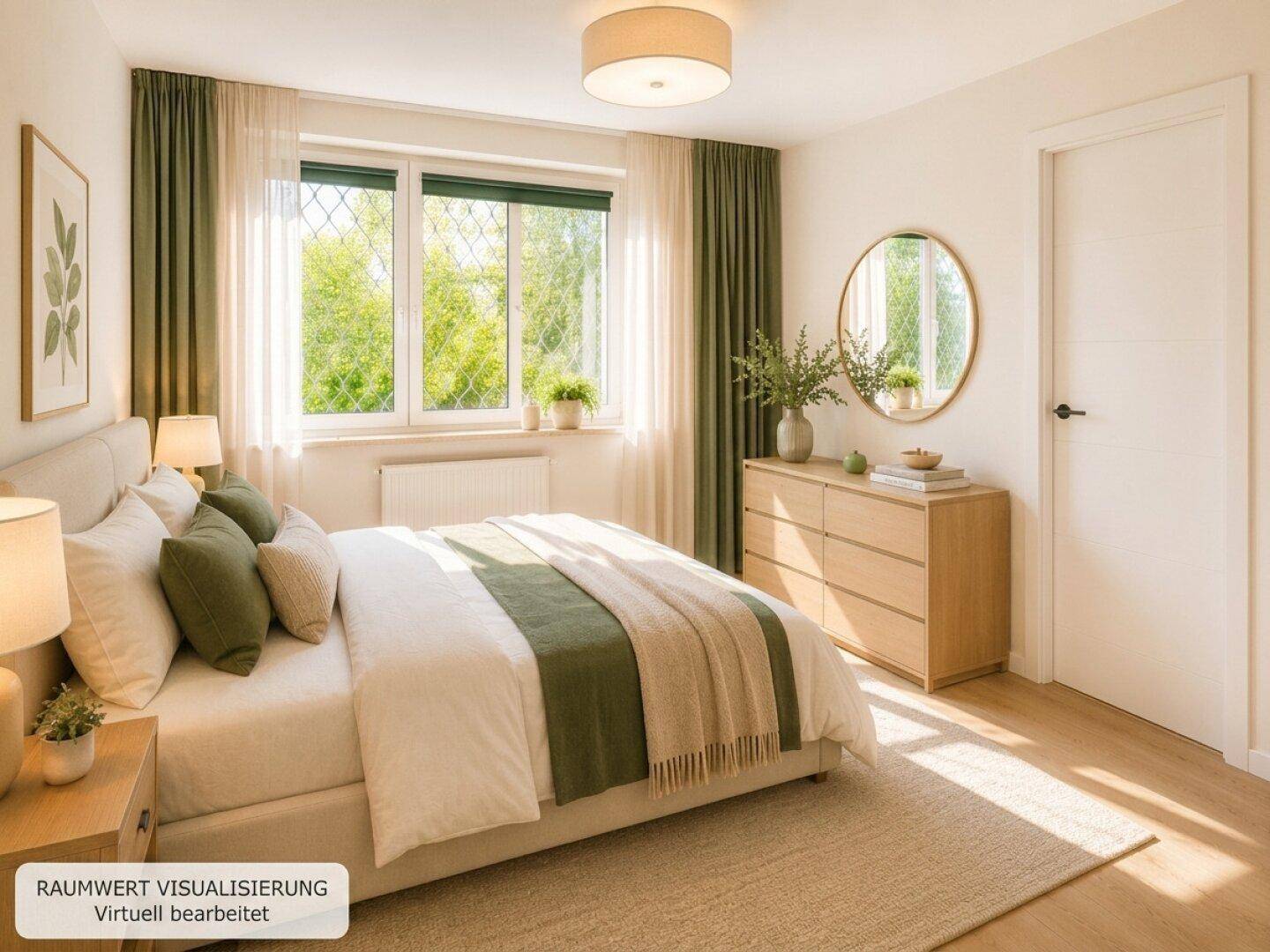 Virtuell eingerichtetes Schlafzimmer mit Parkettboden, viel Tageslicht und Grünblick.