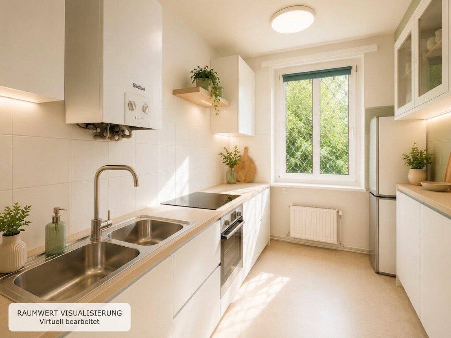Virtuell inszenierte, moderne Küche mit weißen Schränken, Induktionskochfeld und Grünblick.