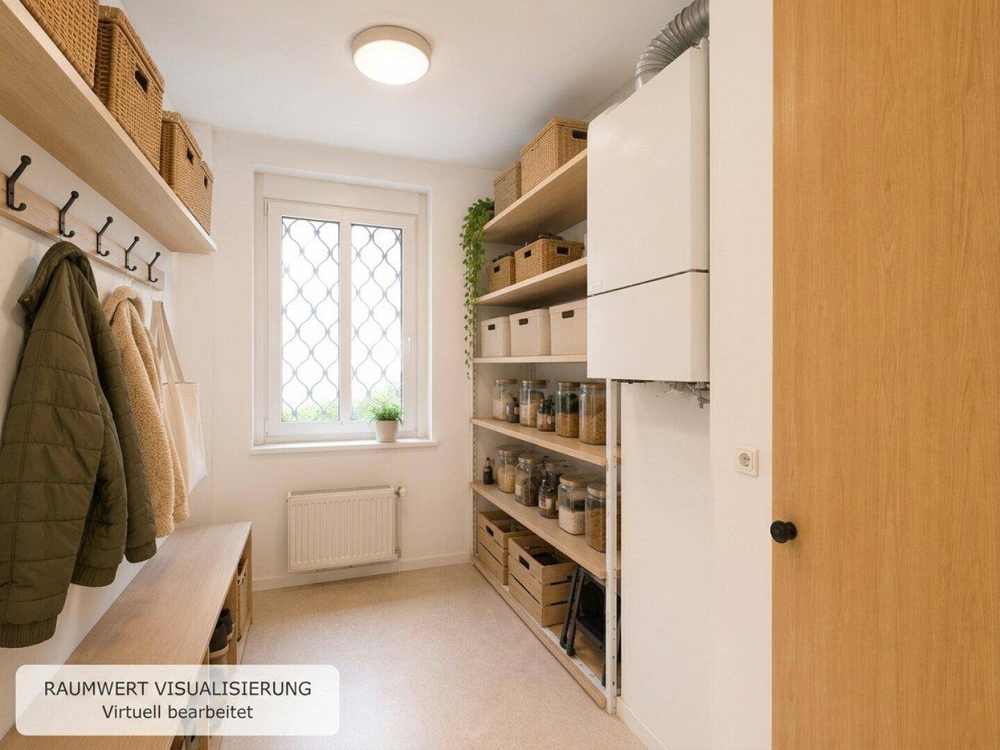 Virtuell eingerichteter Hauswirtschaftsraum mit Regalen, Garderobe und Fenster.