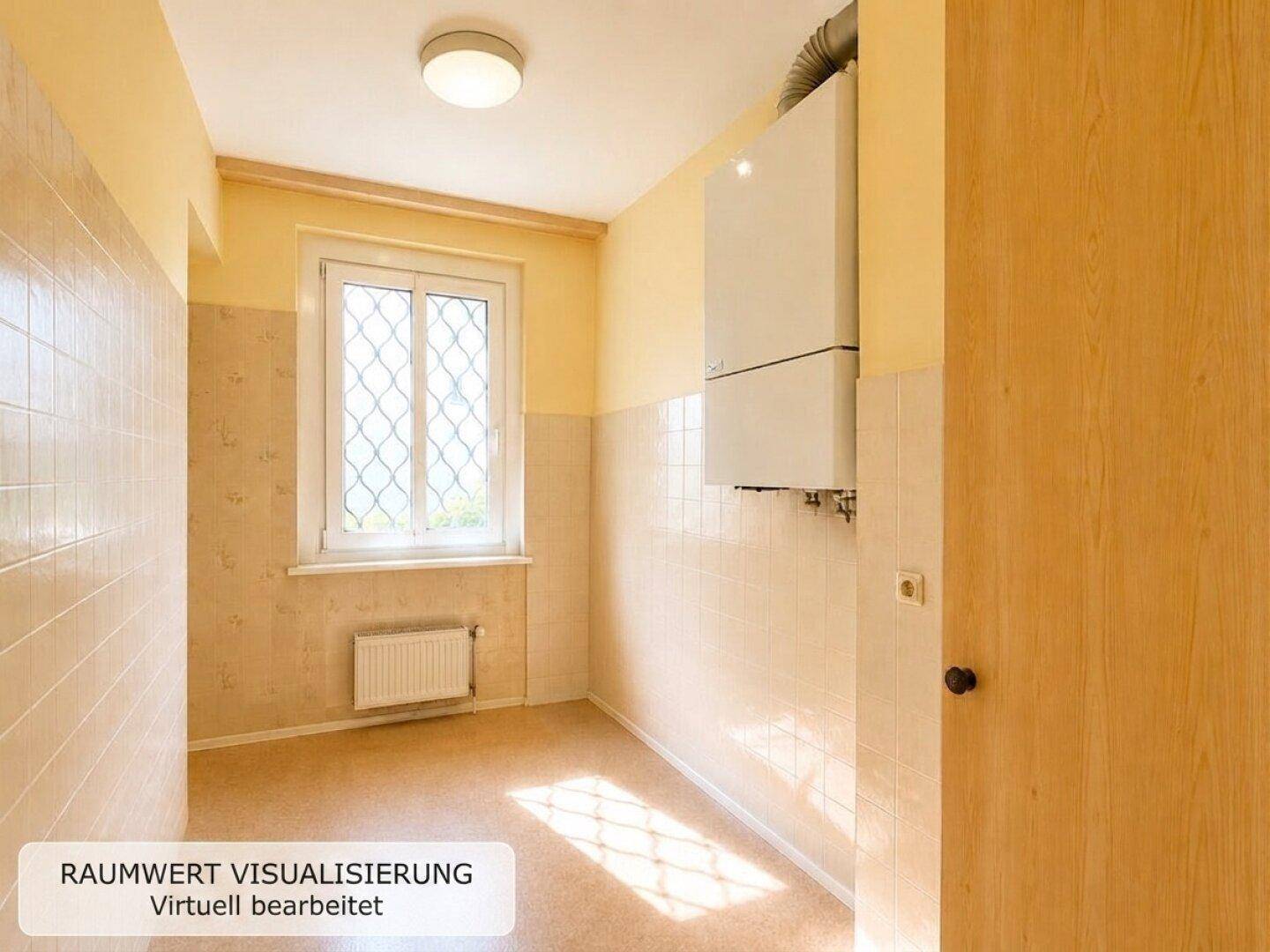 Einfacher Hauswirtschaftsraum mit Fliesen, Gastherme und gelben Wänden, ideal für Stauraum.