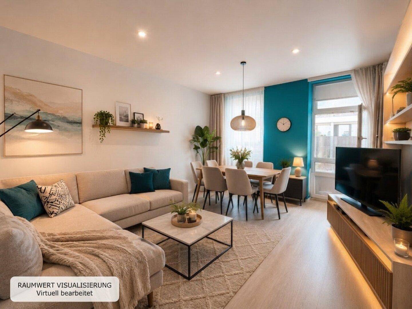 Moderner, offener Wohn-Essbereich mit beigem Sofa, Esstisch und stilvoller Dekoration.