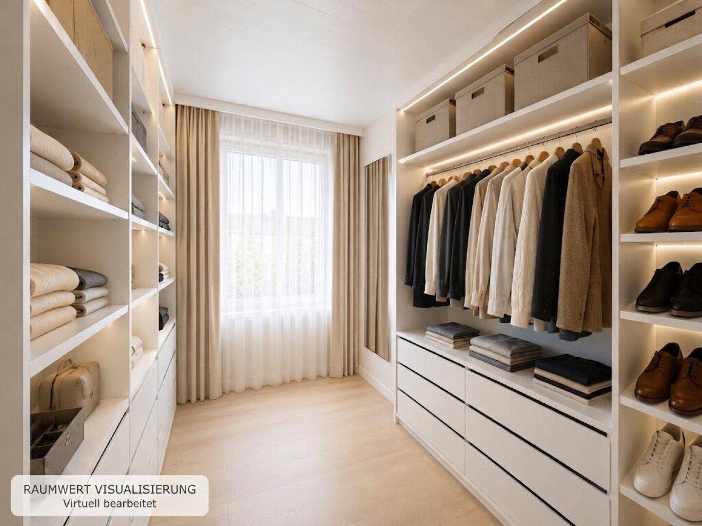 Geräumiger begehbarer Kleiderschrank mit integrierten Regalen, Schubladen und Beleuchtung.