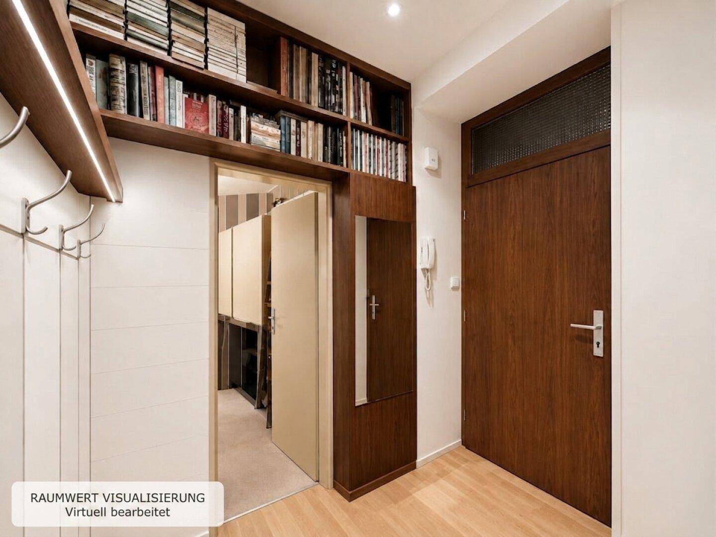 Heller Flur mit Einbauregal, Garderobe und Holztüren, modern und funktional gestaltet.