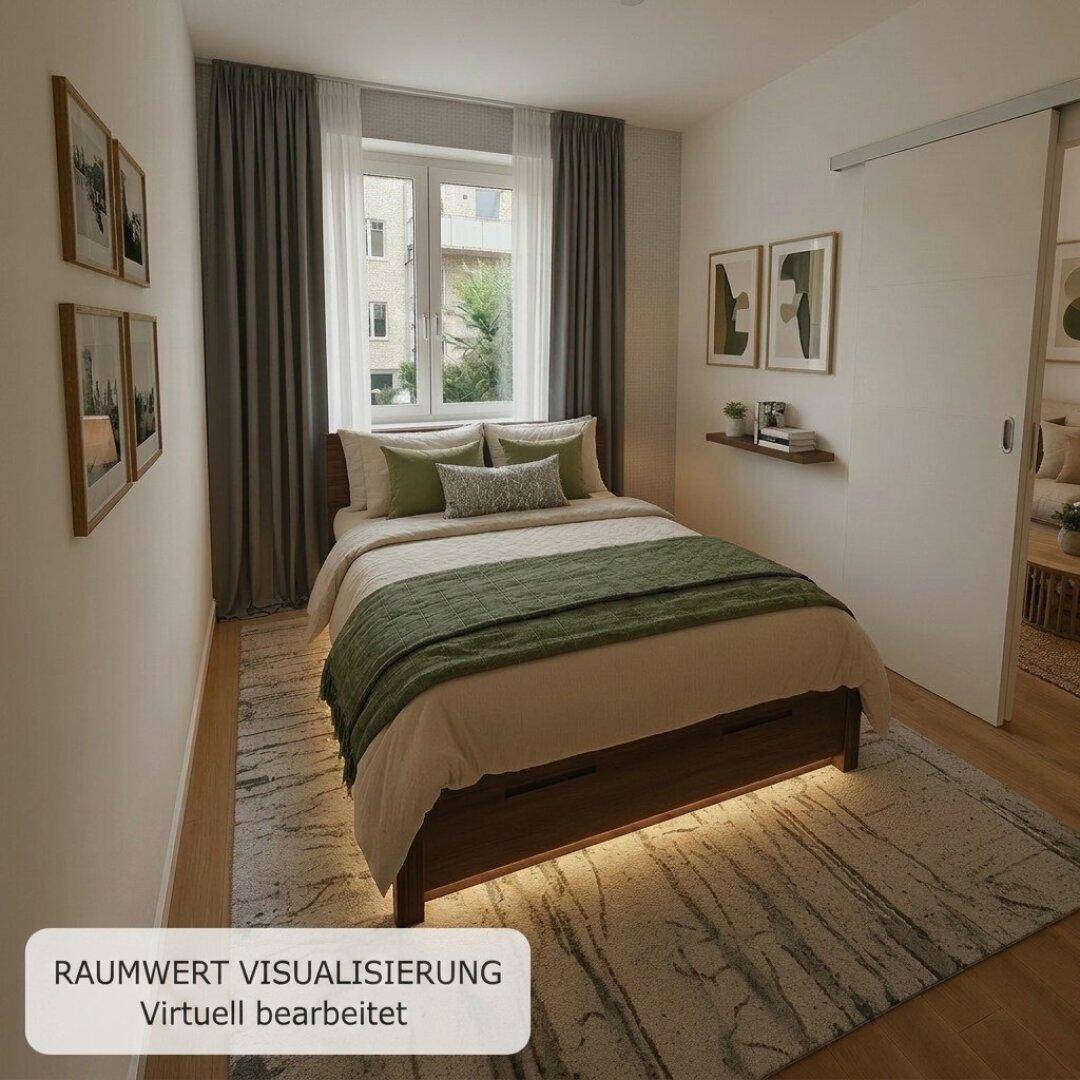 Gemütliches Schlafzimmer mit Doppelbett, Holzboden und Blick ins Grüne.