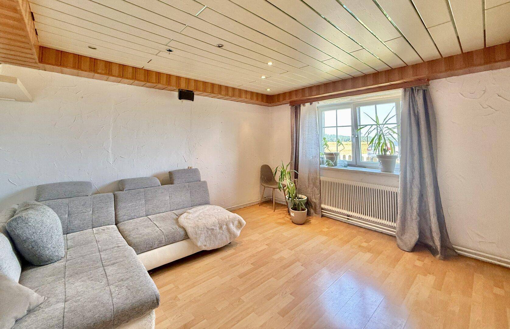 Geräumiges Wohnzimmer mit großem Sofa, Holzfußboden und Holzdeckenverkleidung.