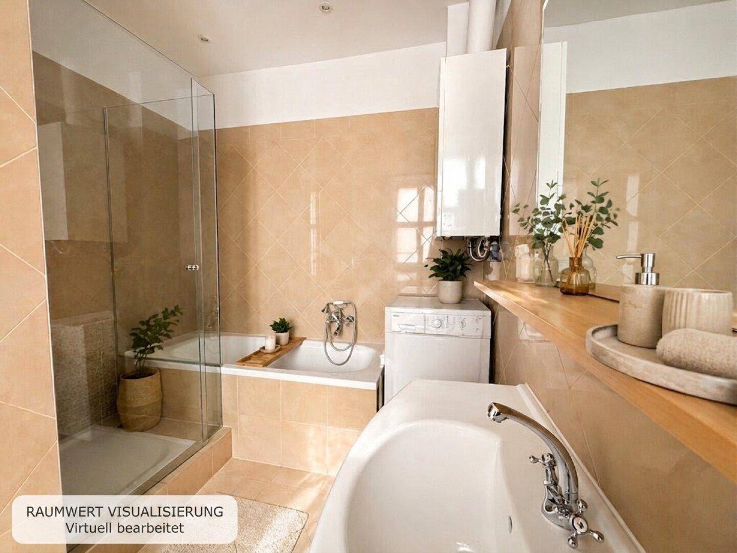 Badezimmer mit Badewanne, Duschkabine, Waschmaschine und beigen Fliesen.