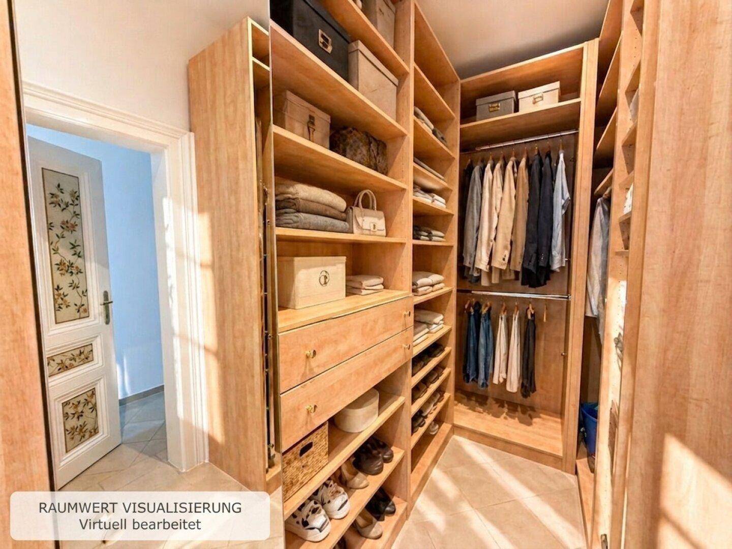 Geräumiger begehbarer Kleiderschrank mit Holzregalen und viel Stauraum.