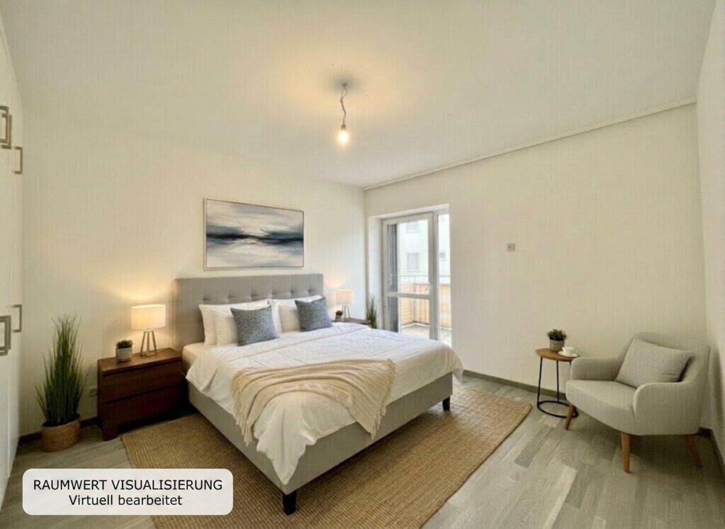 Modernes Schlafzimmer mit Doppelbett, Nachttischen und direktem Zugang zu einem Balkon.