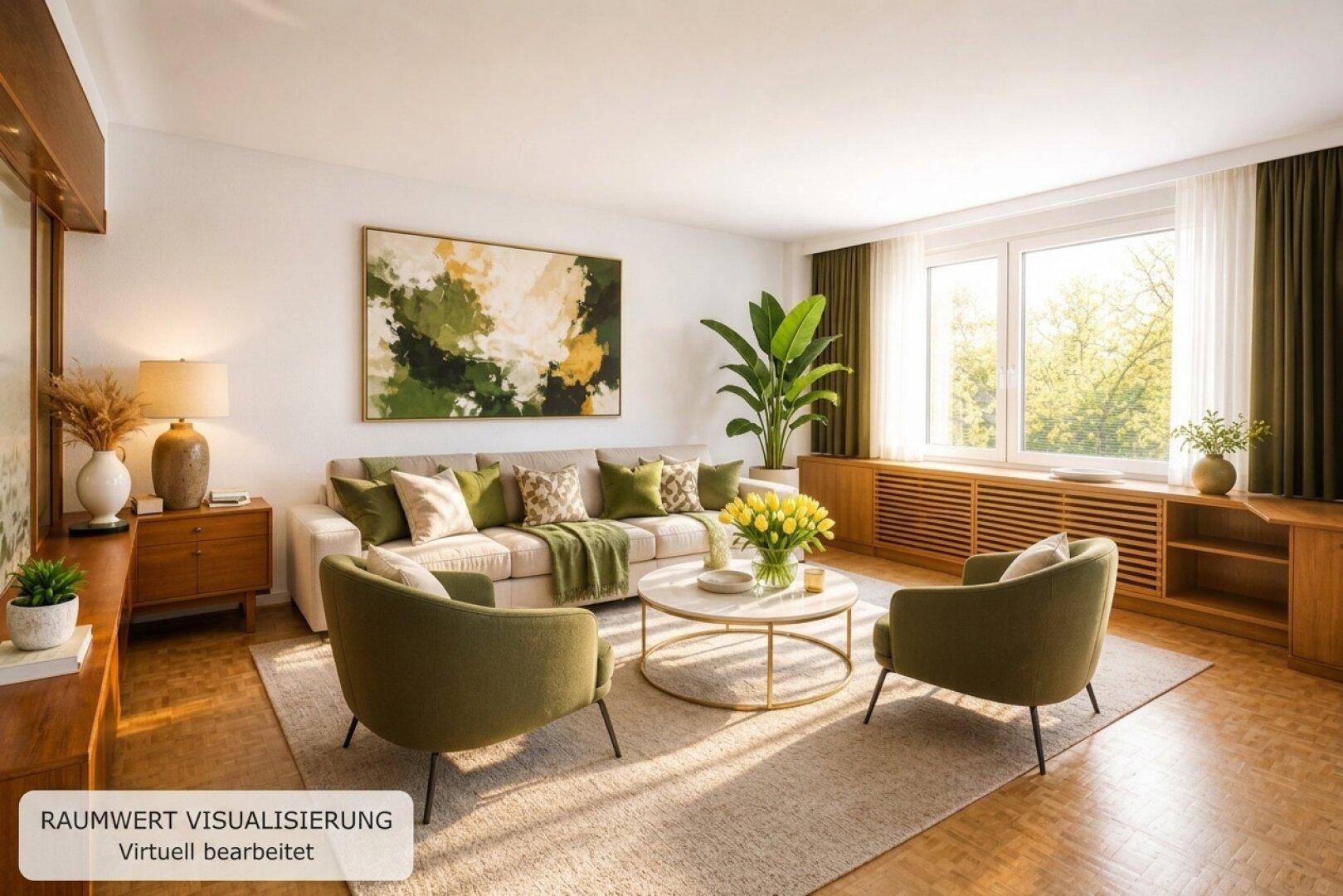 Modern eingerichtetes Wohnzimmer mit beigem Sofa, grünen Akzenten und großen Fenstern mit Blick ins Grüne.