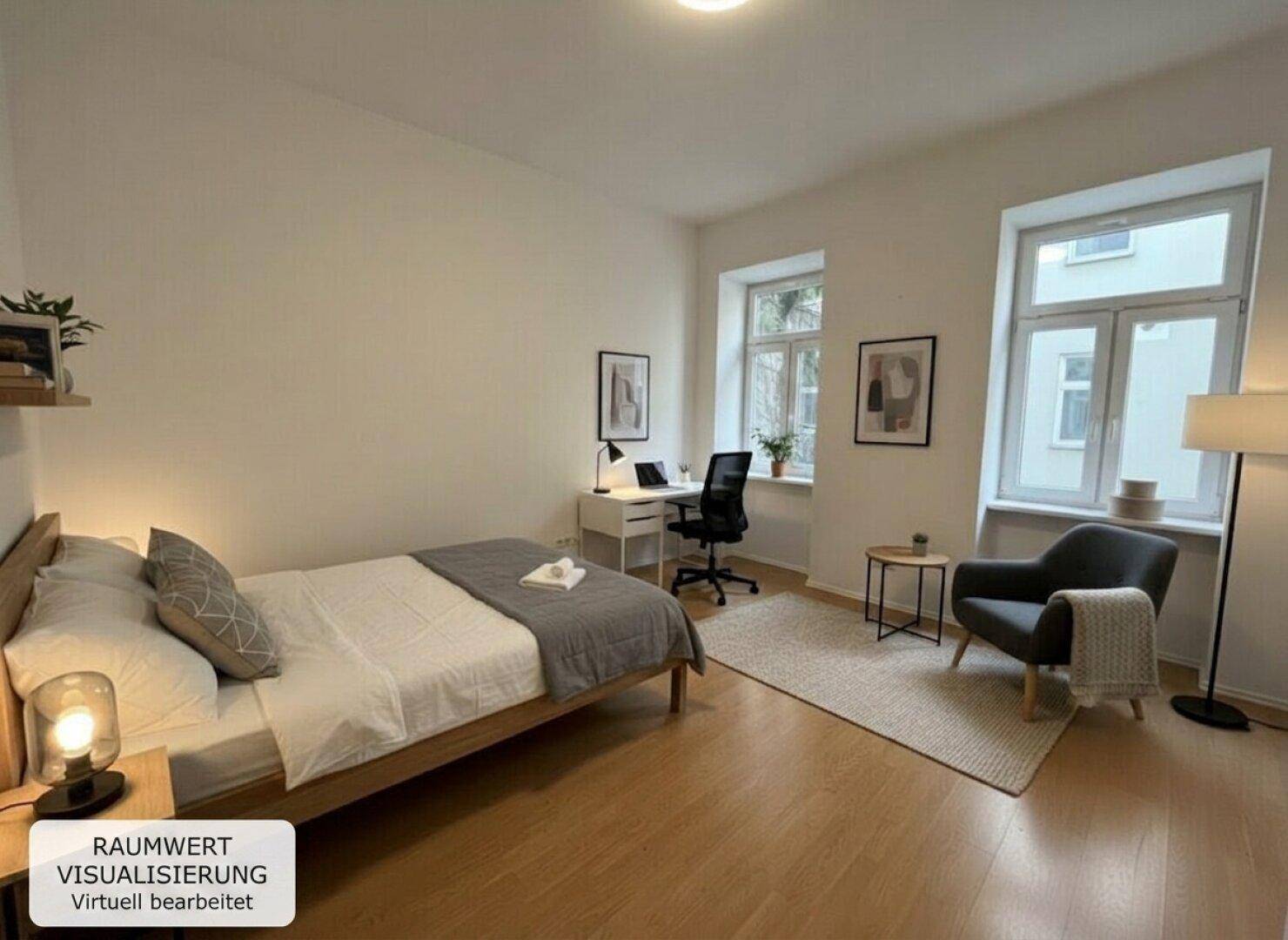 Helles Schlafzimmer mit Holzbett, Schreibtisch und Parkettboden, ausgestattet mit modernen Möbeln und hohen Decken.