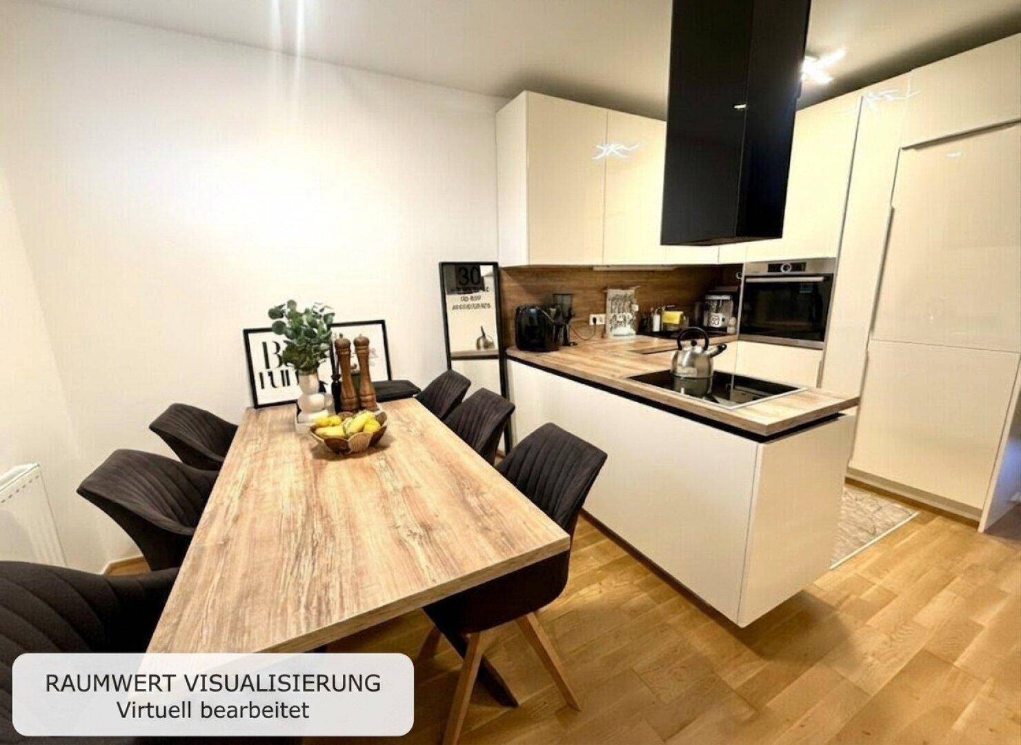 Moderne Küche mit weißen Schränken, Holzarbeitsplatte und integriertem Essbereich.
