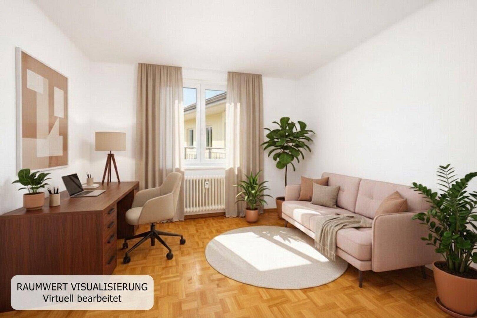 Helles Arbeitszimmer mit Parkettboden, Schreibtisch und einem gemütlichen Sofa.