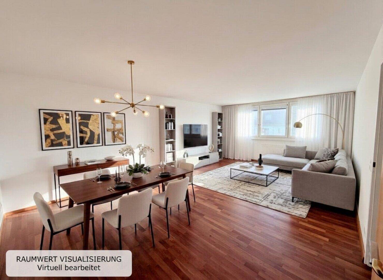 Offener Wohn- und Essbereich mit modernem Esstisch, bequemer Couch und viel natürlichem Licht.