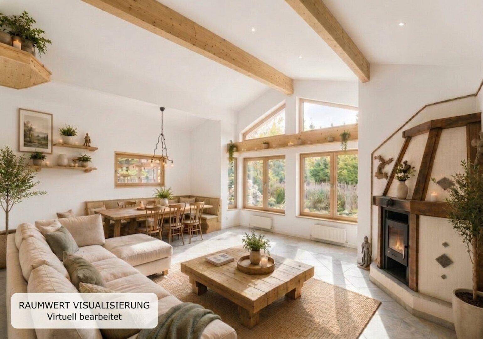 Heller Wohn- und Essbereich mit hohen Decken, sichtbaren Holzbalken und Kamin.