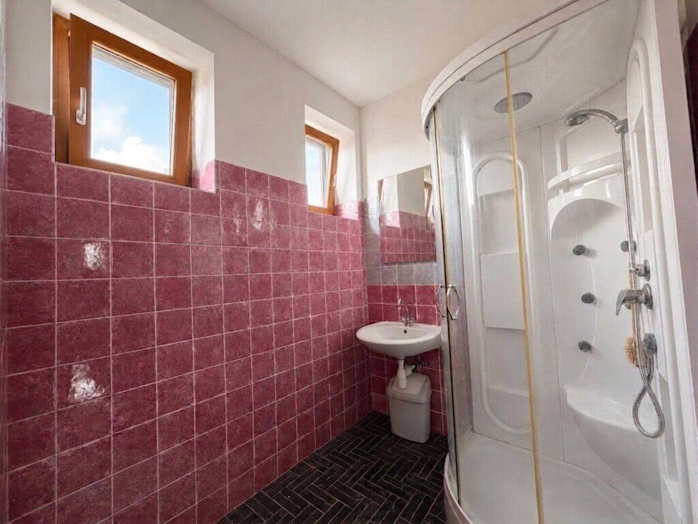 Badezimmer mit rosa Wandfliesen, kleiner Dusche und zwei Fenstern.
