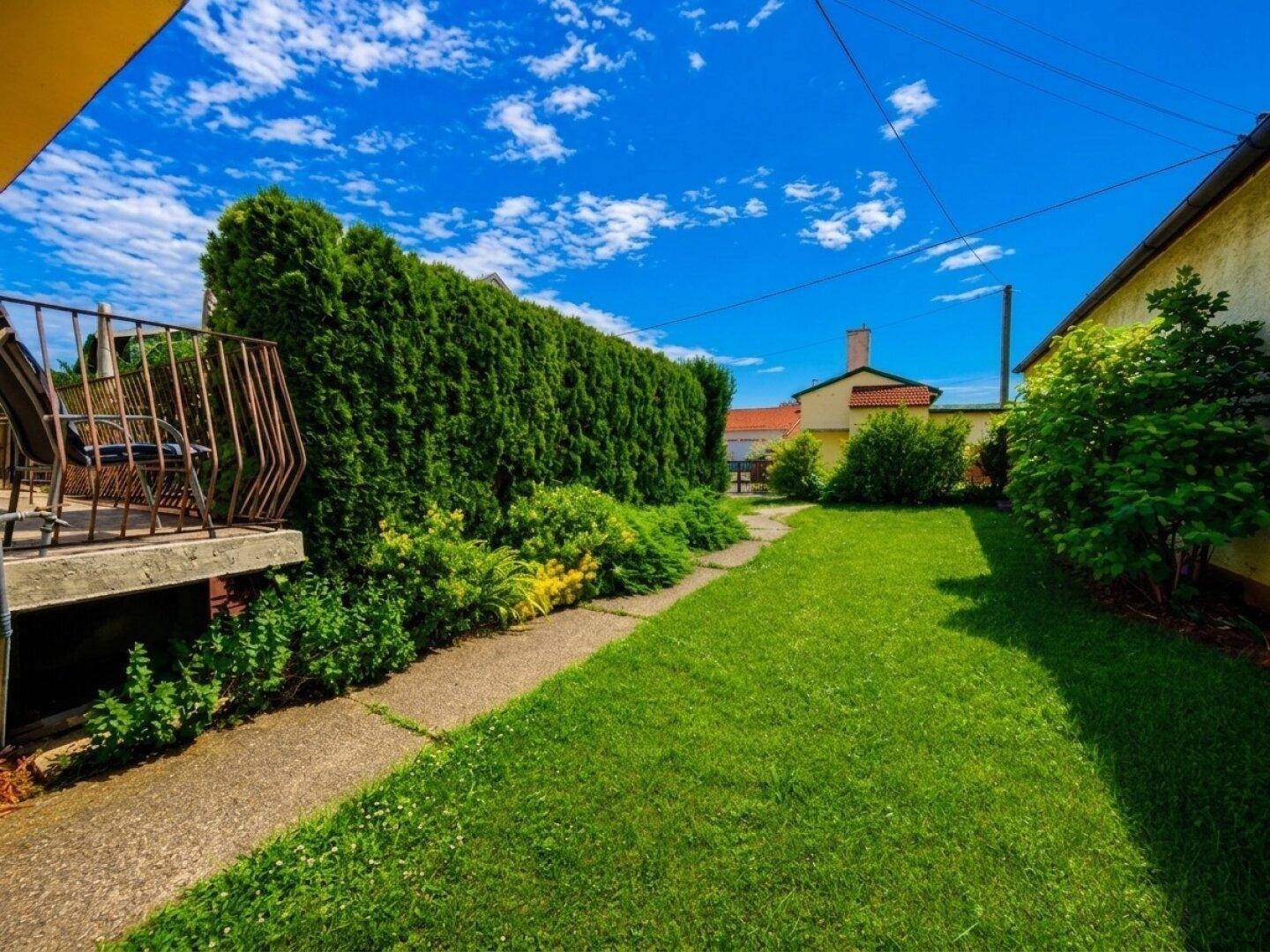Gartenbereich mit Weg, hoher Hecke und kleiner Terrasse mit Geländer.