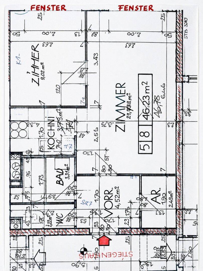 Handgezeichneter Grundriss mit Raumaufteilung und Maßangaben der Immobilie.