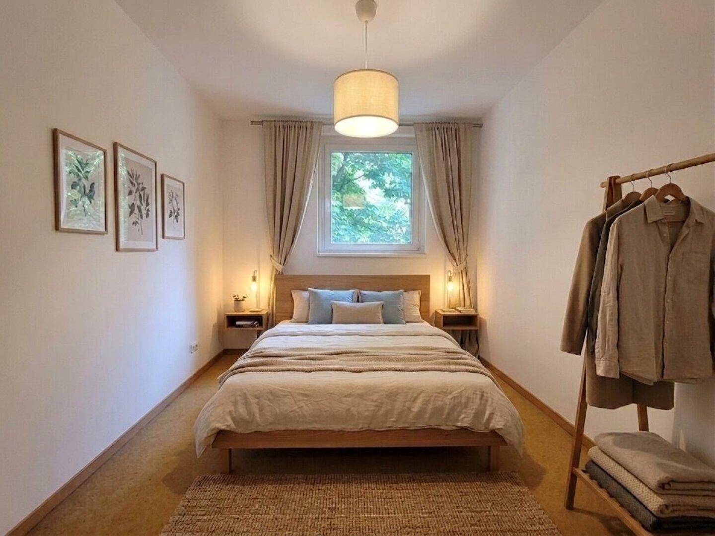 Helles Schlafzimmer mit Holzbett, Nachttischen und einem Fenster mit Blick ins Grüne.