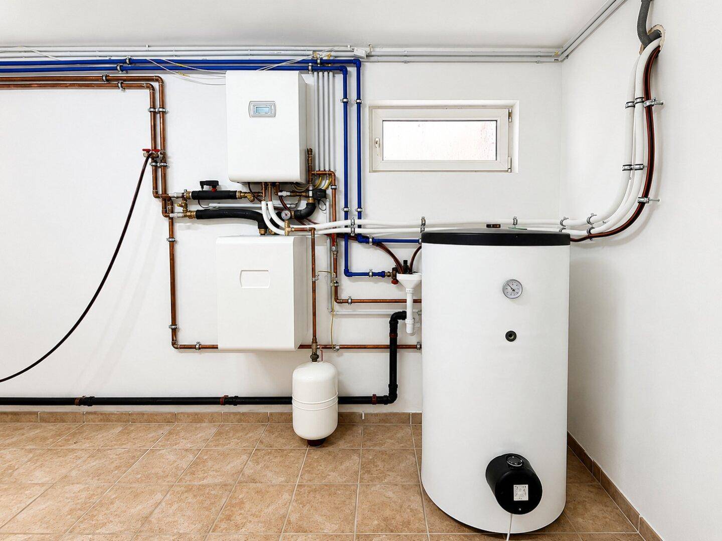 Heizungsraum mit moderner Heizungsanlage und Warmwasserspeicher, gut gewartet.