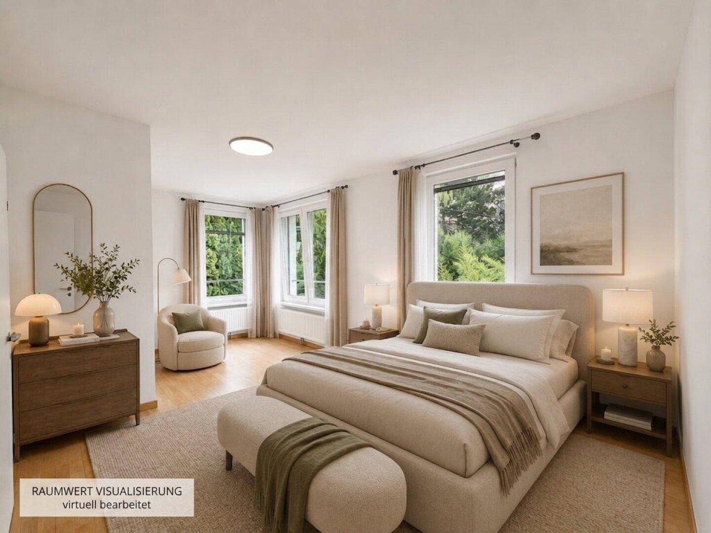 Gemütliches Schlafzimmer mit großen Fenstern, die einen schönen Blick ins Grüne ermöglichen.
