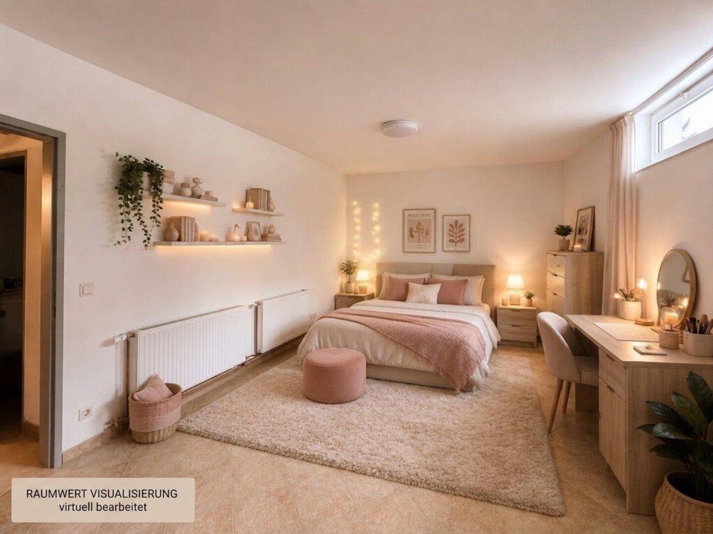Gemütliches Schlafzimmer im Untergeschoss mit moderner Einrichtung und indirekter Beleuchtung.