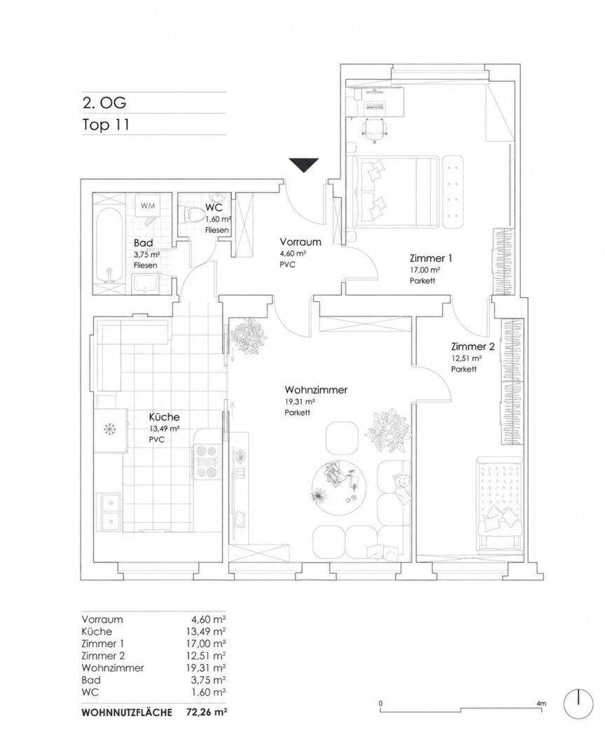 Grundriss der Wohnung im 2. Obergeschoss mit drei Zimmern und 72,26 m² Wohnnutzfläche.