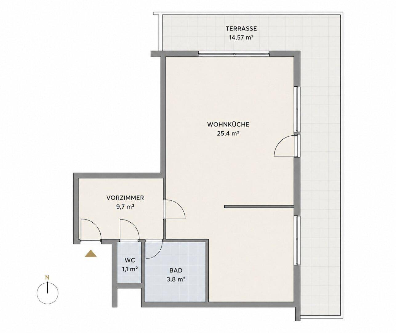 Grundriss einer Wohnung mit Wohnküche, Bad, WC und einer großzügigen Terrasse.