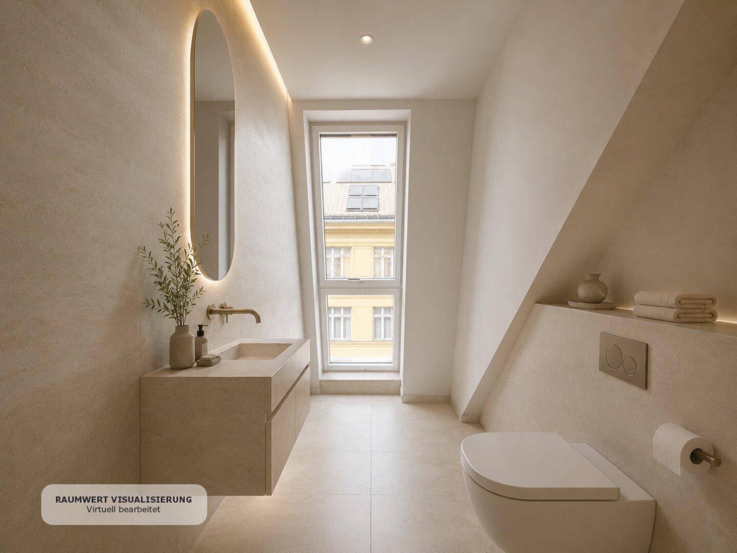 Modernes Badezimmer mit Einzelwaschbecken, wandhängendem WC und hohem, schmalem Fenster.