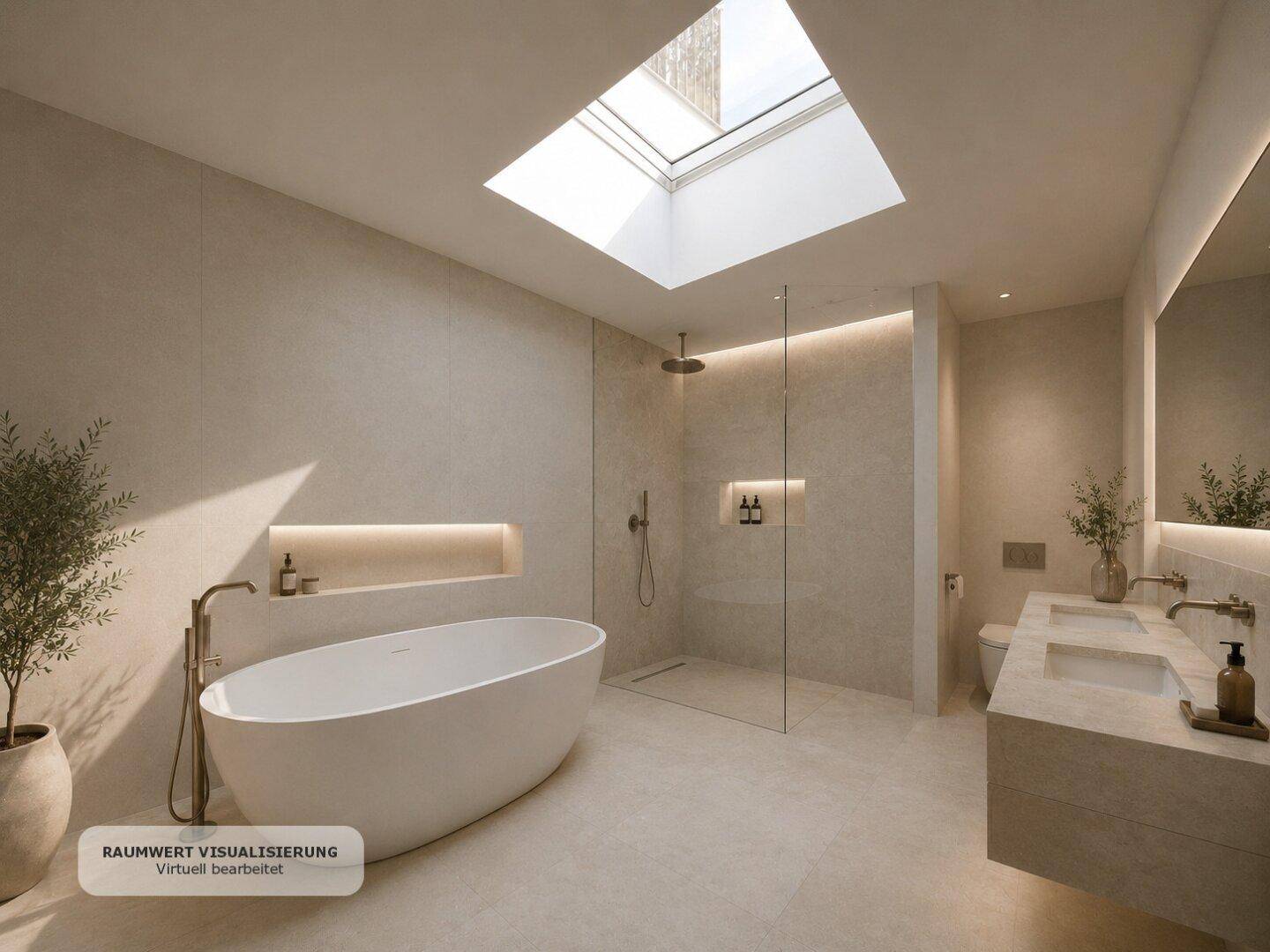 Modernes Badezimmer mit freistehender Badewanne, begehbarer Dusche, Doppelwaschbecken und großem Dachfenster.