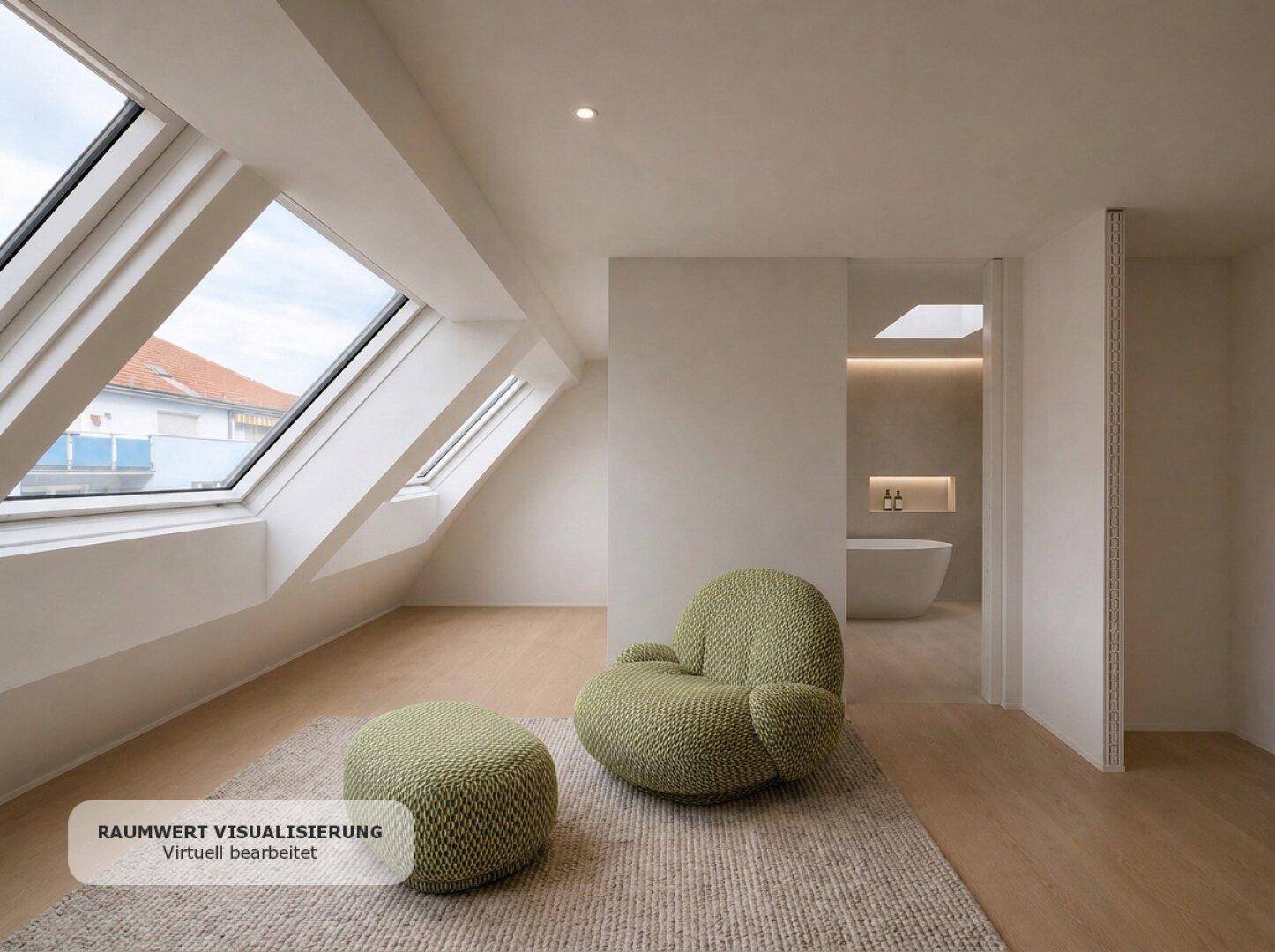 Gemütlicher Raum mit Dachschrägen, Dachfenstern und modernem Sessel, angrenzend an ein Badezimmer.