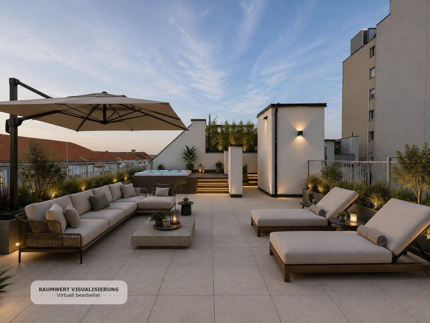 Großzügige Dachterrasse mit luxuriöser Lounge-Sitzgruppe, Sonnenschirm und Whirlpool für entspannte Abende.