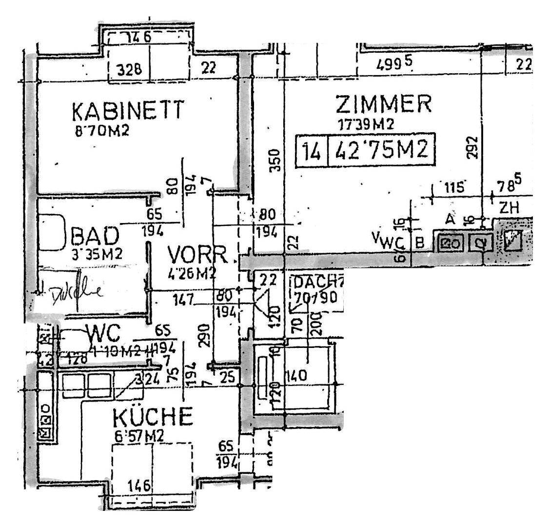 Handgezeichneter Grundriss mit Raumaufteilung für Kabinett, Bad, WC, Vorraum, Zimmer und Küche.