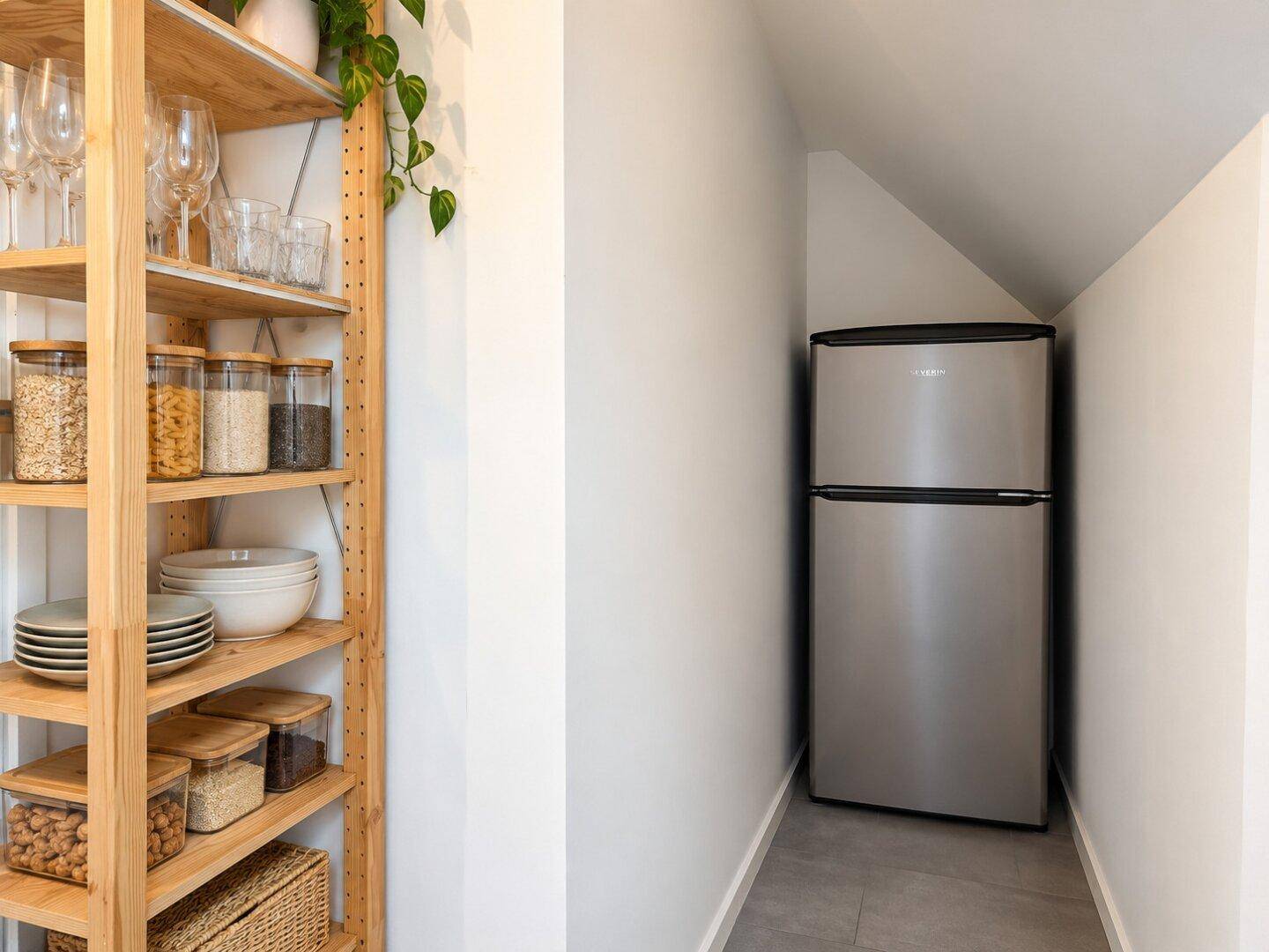 Praktischer Abstellbereich mit Kühlschrank und offenen Holzregalen für zusätzlichen Stauraum.